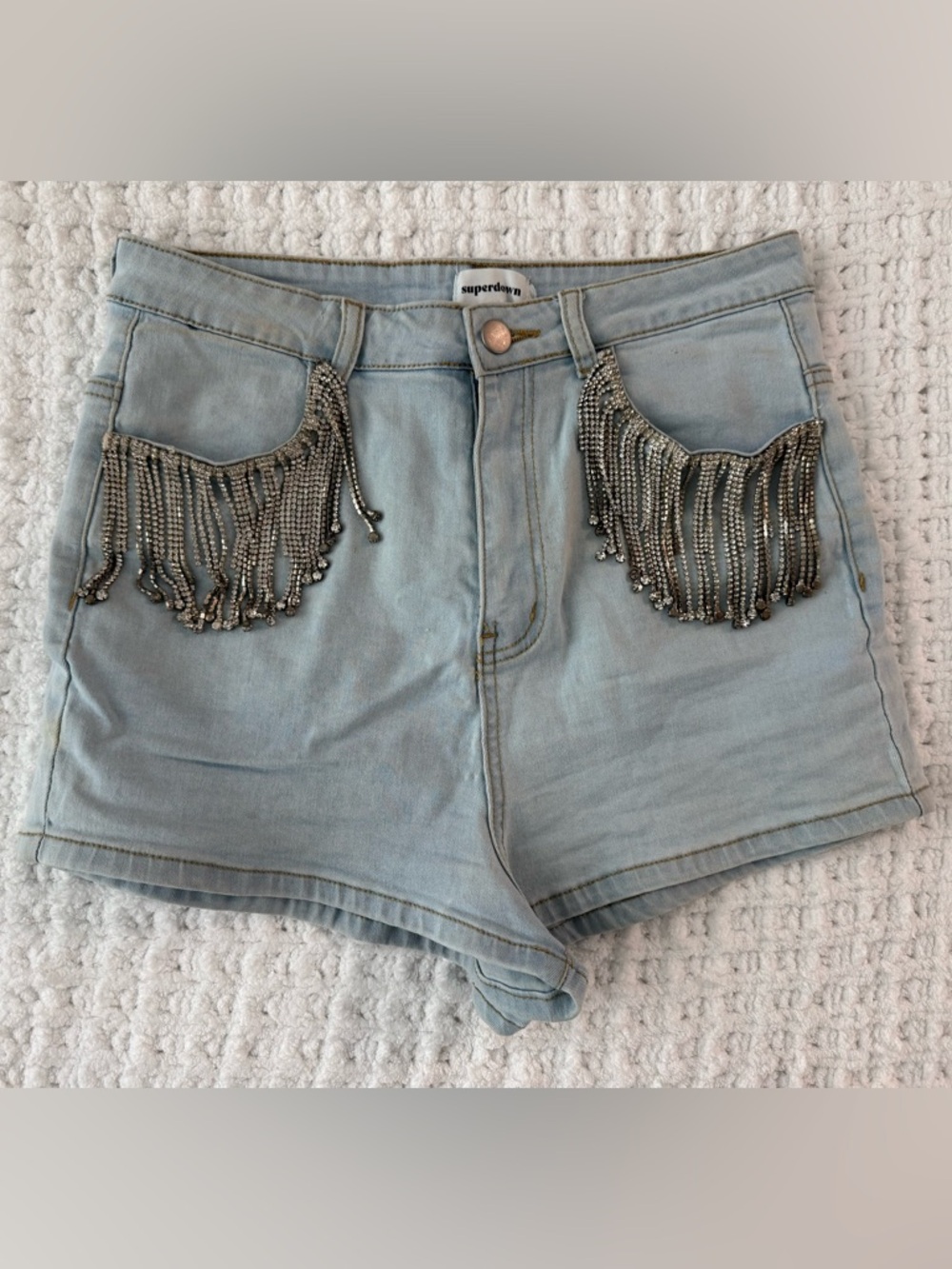 superdown Light Wash Denim Shorts with Silver Beaded Fringe